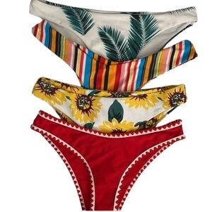 Bikini Bottoms SET of 4 Tropical Stripes Sunflowers Red S/M